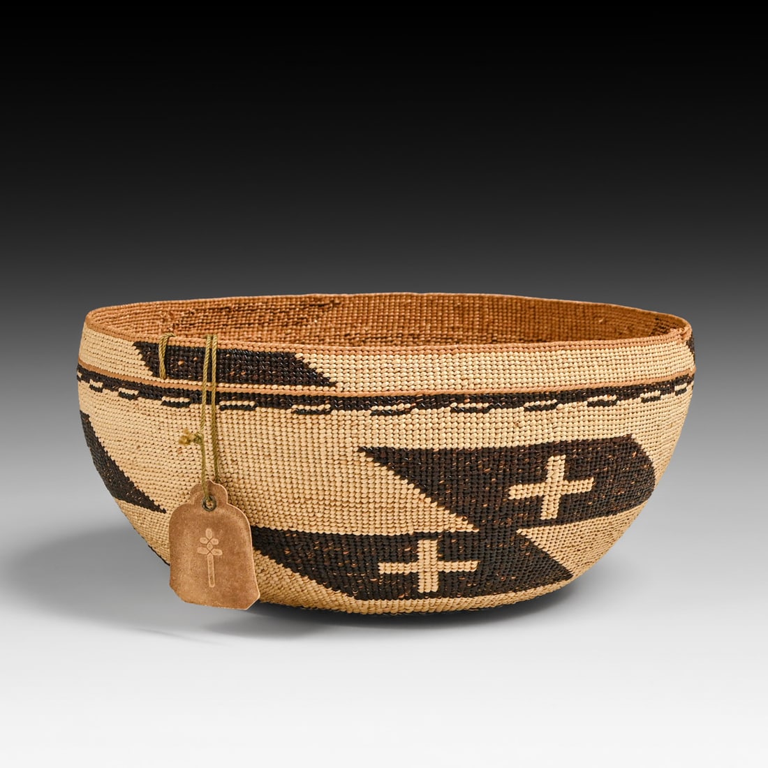Hupa Finely Woven Twined Cross Motif Basket from the Riverside Mission Inn Shop c1910: Hupa Finely Woven Twined Cross Motif Basket from the Riverside Mission Inn Shop c1910. Signed with original Riverside Mission Inn Hotel curio shop inventory tag reading "Scho #7 / H C X / 450 / Hoopa"