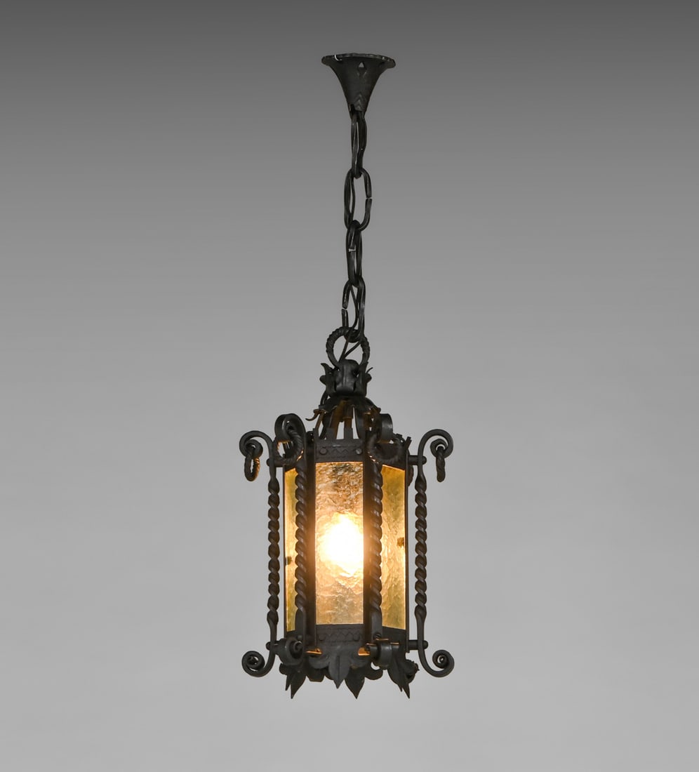 Arts & Crafts Period Gothic Hand-Wrought Iron Hanging Lantern c1910 (1 of 6)