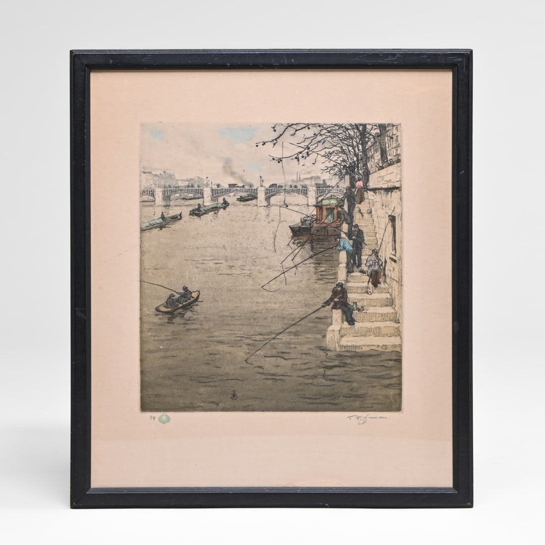 T.F. Šimon (Czech, 1877-1942) "Les Pêcheurs sur la Seine" Color Aquatint c1907 (1 of 7)