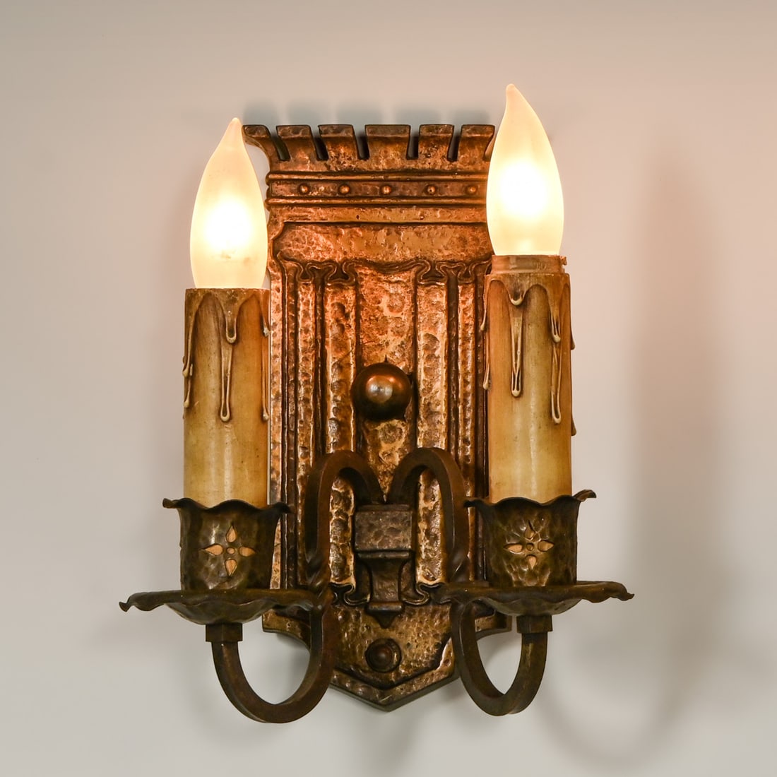 Spanish Revival Pair Cast Iron & Wrought Iron Two-Light Wall Sconces c1920s (1 of 7)
