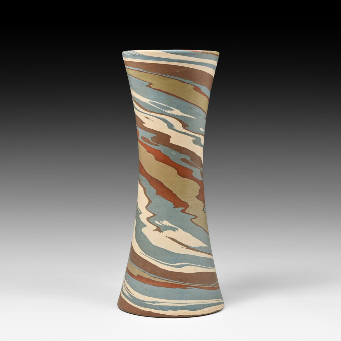 Niloak Pottery - Benton, AR Mission Swirl 12.25" Hourglass Vase c1920s: Niloak Pottery - Benton, AR Mission Swirl 12.25" Hourglass Vase c1920s. Signed. Tight hairline, otherwise perfect condition. 12.25"h x 5"d FREE NATIONWIDE SHIPPING Free Nationwide Shipping within the