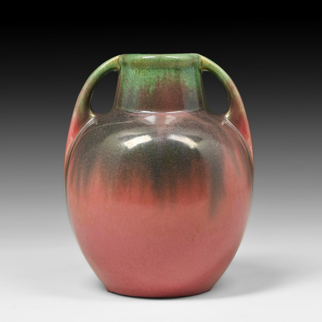 Fulper Pottery Matte Pink & Green Two-Handled Vase c1916-1922: Fulper Pottery Matte Pink & Green Two-Handled Vase c1916-1922. Signed. Tight, short original firing line at the upper terminal where one handle meets the rim, otherwise perfect condition. 7.75"h x
