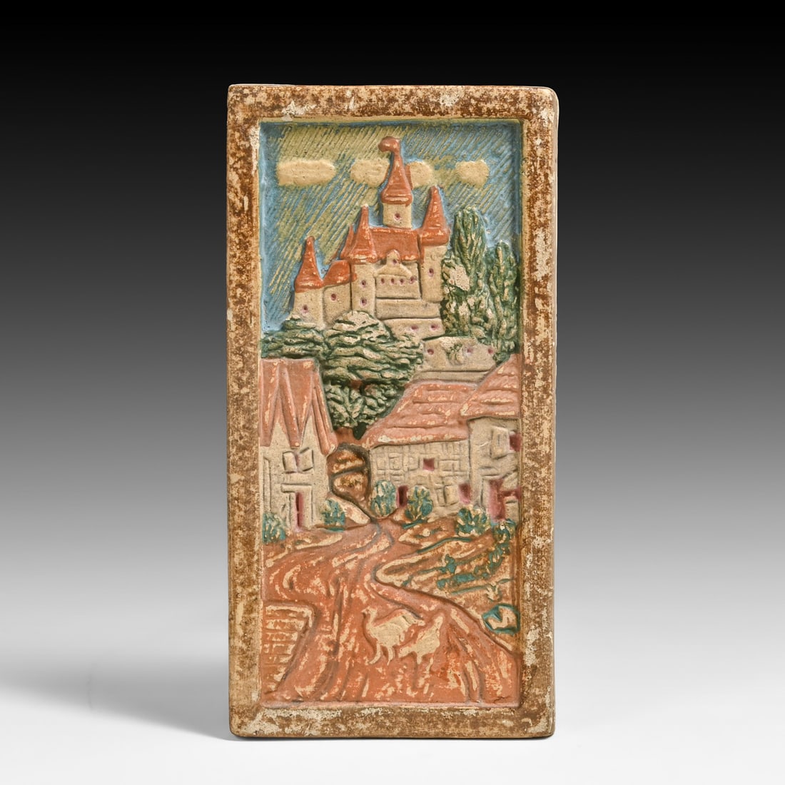 Muresque - Oakland, CA Arts & Crafts Castle Tile c1920s: Muresque - Oakland, CA Arts & Crafts Castle Tile c1920s. Signed. Very light surface rubs, otherwise perfect condition. 8.5"h x 4.25"w FREE NATIONWIDE SHIPPING Free Nationwide Shipping within the lower
