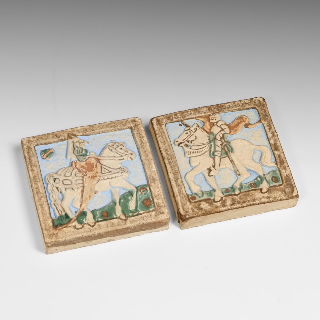 Claycraft - Los Angeles Pair Arts & Crafts Knight Motif Art Tiles c1925: Claycraft - Los Angeles Pair Arts & Crafts Knight Motif Art Tiles c1925. Signed. Perfect condition. 4" x 4" FREE NATIONWIDE SHIPPING Free Nationwide Shipping within the lower 48 states for all purchas
