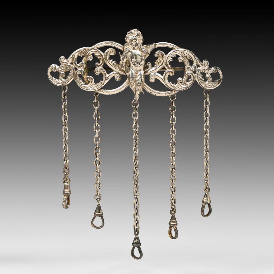 Art Nouveau Sterling Silver Figural Cherub Chatelaine Brooch c1900: Art Nouveau Sterling Silver Figural Cherub Chatelaine Brooch c1900. Unsigned. Marked "Sterling". Excellent condition. 4.5"h x 3.75"w FREE NATIONWIDE SHIPPING Free Nationwide Shipping within the lower 