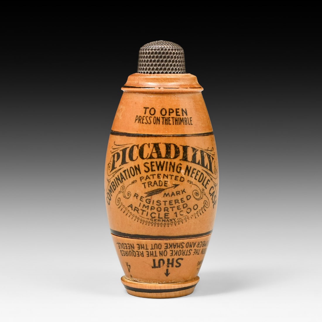 Piccadilly Novelty Wooden Needle Case & Simons Bros. Sterling Thimble c1900: Piccadilly Novelty Wooden Needle Case & Simons Bros. Sterling Thimble c1900. Excellent condition. 3"h x 1.75"d FREE NATIONWIDE SHIPPING Free Nationwide Shipping within the lower 48 states for all