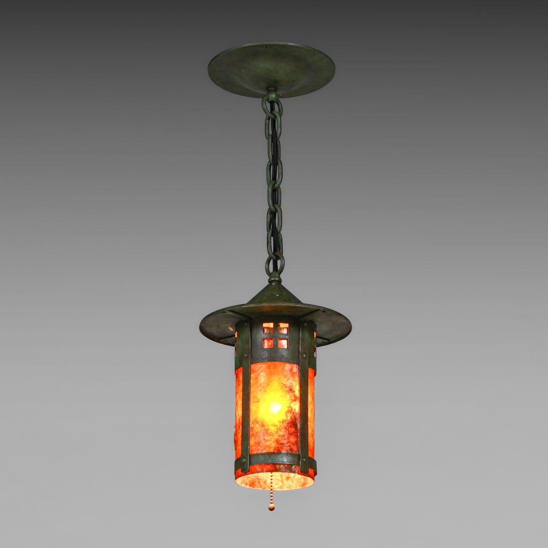 Buffalo Studios Hammered Copper & Orange Mica Hanging Lantern c1990s: Buffalo Studios Hammered Copper & Orange Mica Hanging Lantern c1990s. Handcrafted by Tony Smith. Unsigned. Excellent original patina and original mica. 22.5"h overall x 8.5"d. Ceiling plate 6.5"d FREE