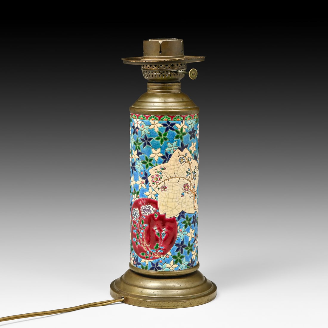 Émaux de Longwy - French Enamel Electrified Kerosene Lamp Base c1890: Émaux de Longwy - French Enamel Electrified Kerosene Lamp Base c1890. Likely signed under base. Perfect condition. No shade. 13.5"h x 5.5"d. Longwy ceramic section 8.5"h x 3.5"d FREE NATIONWIDE SHIPP