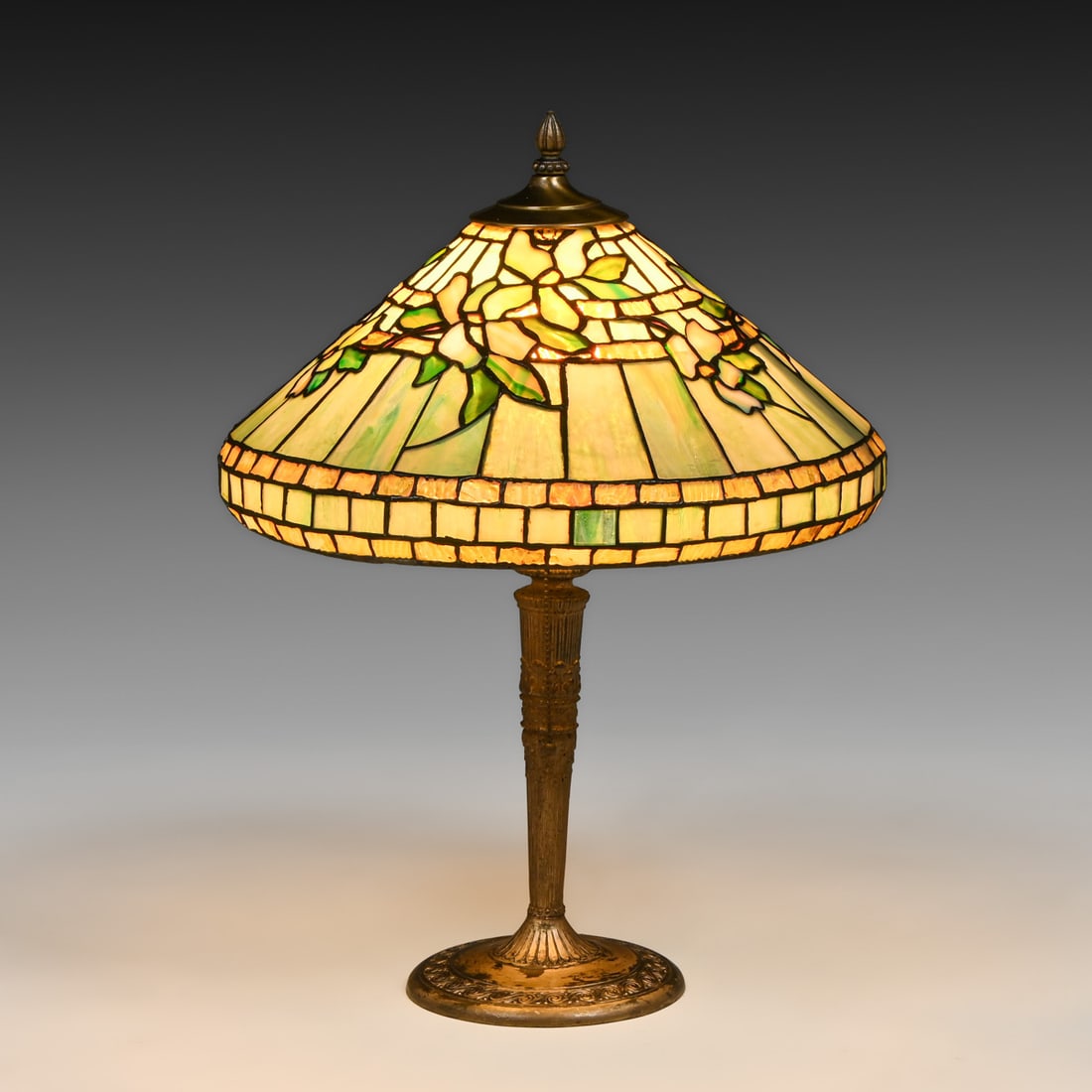 Artisan Studio "Daffodil" Leaded Glass Shade on Antique Base c1910.: Artisan Studio "Daffodil" Leaded Glass Shade on Antique Base c1910. Premium custom work of exceptional quality. Features a 16.5-inch conical shade heavily accented with dimensional "chunk" glass flowe