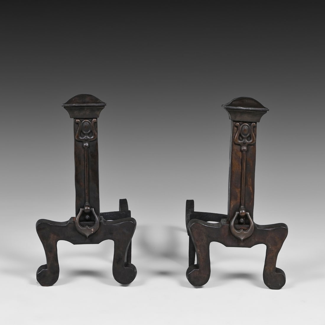 Pair of Antique Arts & Crafts Cast Iron Andirons c1910: Pair of Antique Arts & Crafts Cast Iron Andirons c1910. Unsigned. Excellent original patina. 18.5"h x 9.5"w x 26"d FREE NATIONWIDE SHIPPING Free Nationwide Shipping within the lower 48 states for all 