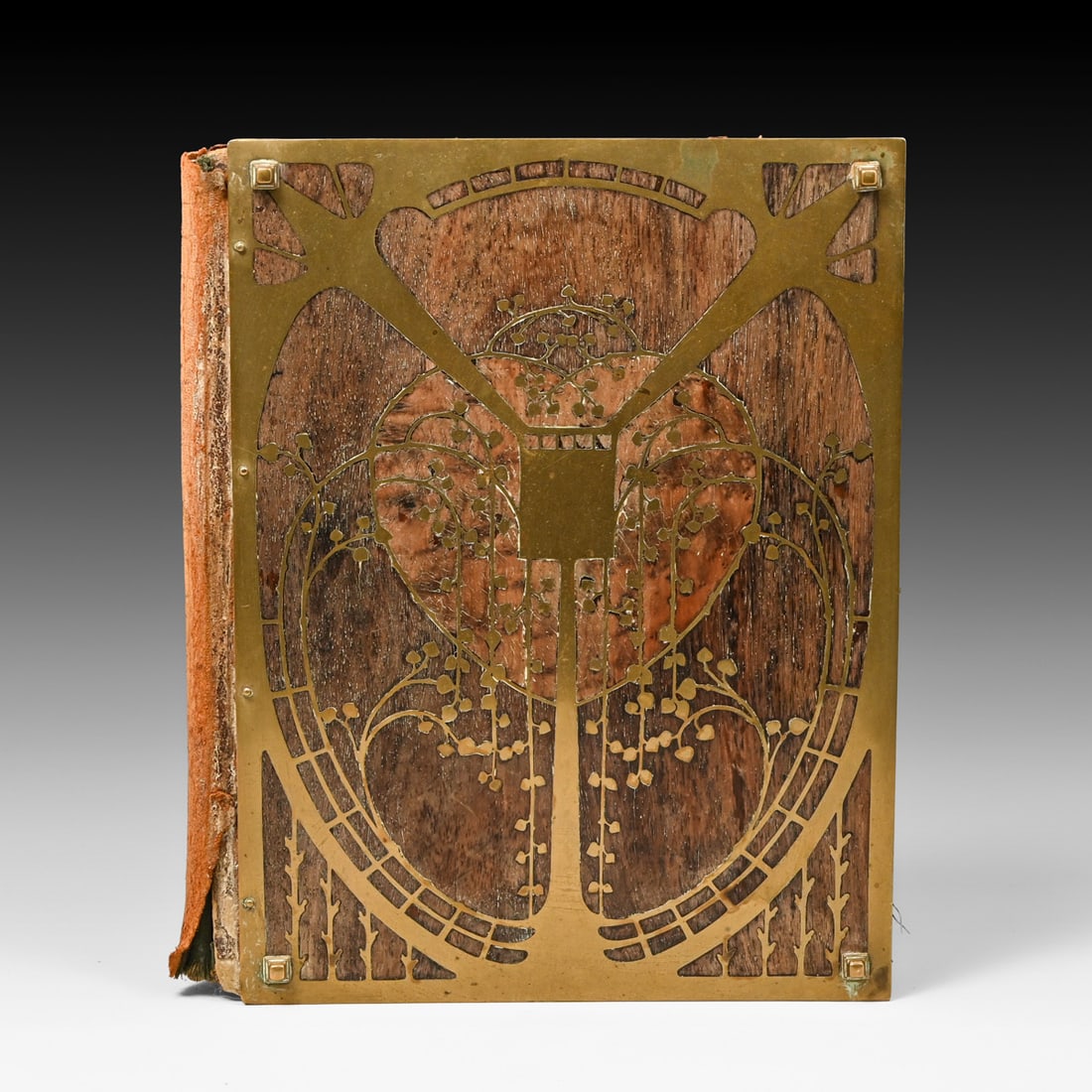 Erhard & Sohne German Jugendstil Brass & Wood Binder Portfolio Cover c1905-1910: Erhard & Sohne German Jugendstil Brass & Wood Binder Portfolio Cover c1905-1910. Unsigned. The leather spine binding shows significant age-related wear, drying, and partial loss/tearing along the