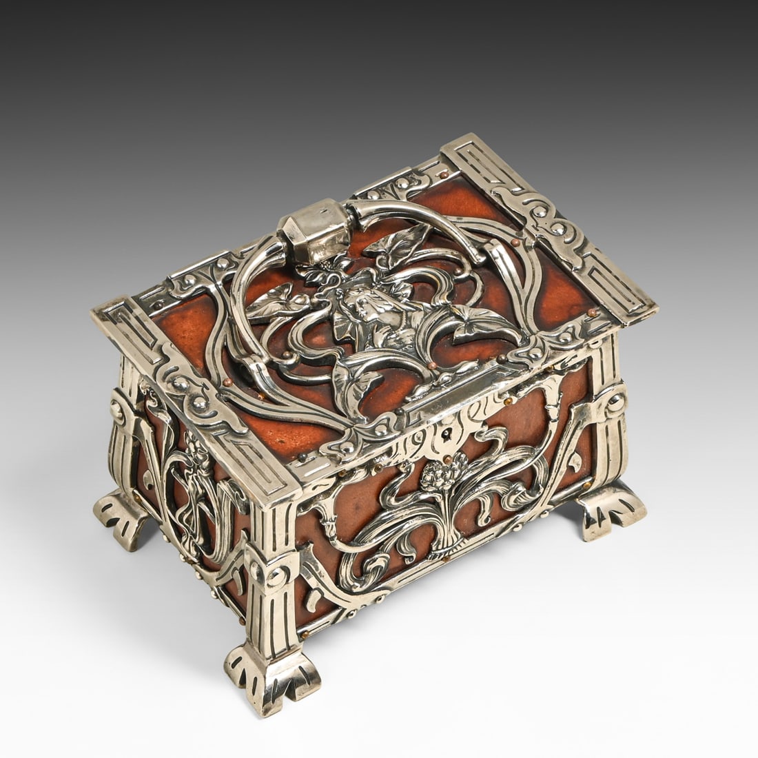 Karl Wojtech - Austrian Art Nouveau Silver-Plated Bronze & Leather Casket c1890s: Karl Wojtech - Austrian Art Nouveau Silver-Plated Bronze & Leather Casket c1890s. Signed with impressed "KW". Excellent condition. 6.75"h x 7.5"w x 5.5"d FREE NATIONWIDE SHIPPING Free Nationwide Shipp