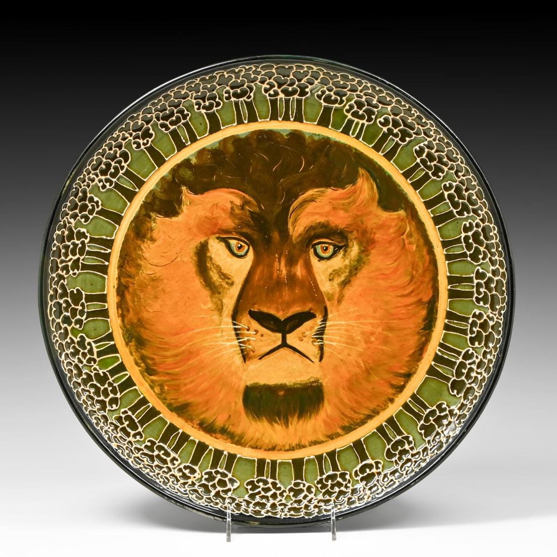 Rare & Important Vance-Avon Faience Frederick Hurten Rhead "King of the Jungle" Charger c1902-1903: Rare & Important Vance-Avon Faience Frederick Hurten Rhead "King of the Jungle" Charger c1902-1903. Unsigned. Invisible professional restoration to stabilized hairline, otherwise perfect condition. 17