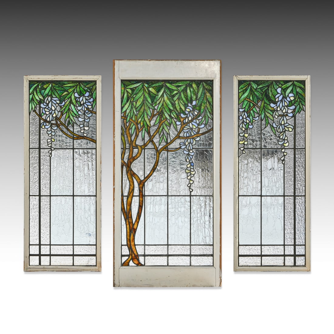 Fine American Art Nouveau Witeria Motif Leaded Glass Triptych Window Panels c1900 (1 of 17)