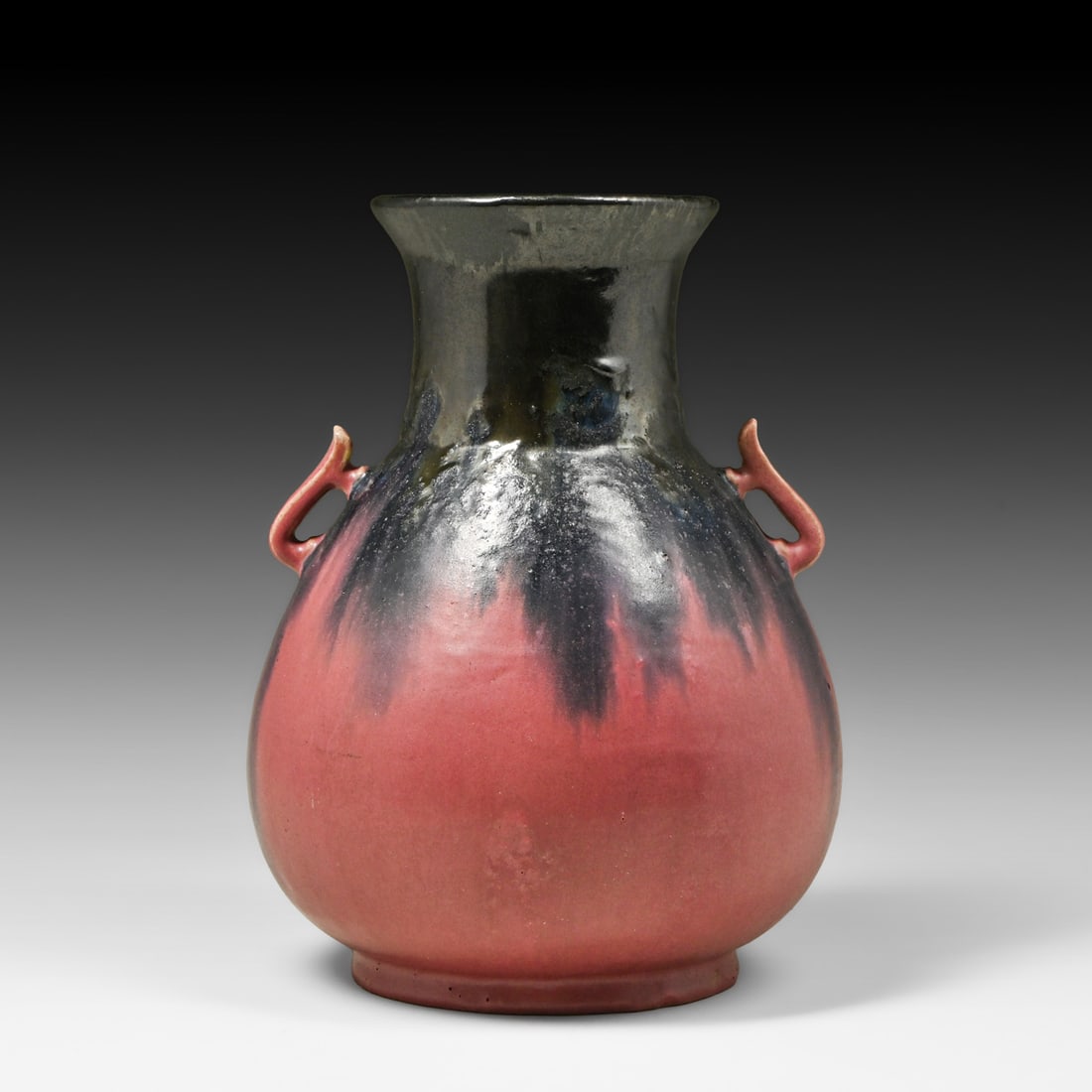 Fulper Pottery Two-Handled Mirror Black & Flambe Famile Rose Amphora Vase c1912-1915: Fulper Pottery Two-Handled Mirror Black & Flambe Famile Rose Amphora Vase c1912-1915. Signed. Perfect condition. 10.75"h x 7.75"d FREE NATIONWIDE SHIPPING Free Nationwide Shipping within the lower 48 