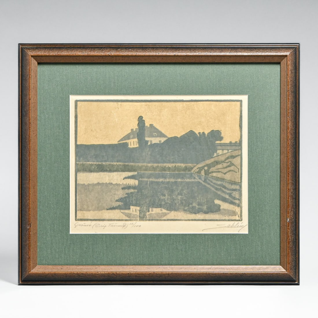 Artur Sahlén (Swedish 1882-1945) Color Woodcut "Hus" (House) c1910s: Artur Sahlén (Swedish 1882-1945) Color Woodcut "Hus" (House) c1910s. Signed. Excellent conditon. 7.75"h x 9 7/8"w. Frame 13 5/8"h x 16"w Sahlén was most active in the woodcut medium during the