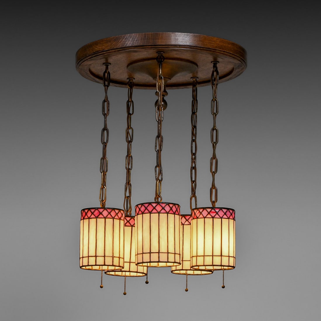 Buffalo Arts & Crafts Secessionist Leaded Glass & Oak Chandelier c1910: Buffalo Arts & Crafts Secessionist Leaded Glass & Oak Chandelier c1910. Unsigned. Original leaded glass shades in excellent condition. 27"h overall x 20.5" x 20.5" FREE NATIONWIDE SHIPPING Free Nation