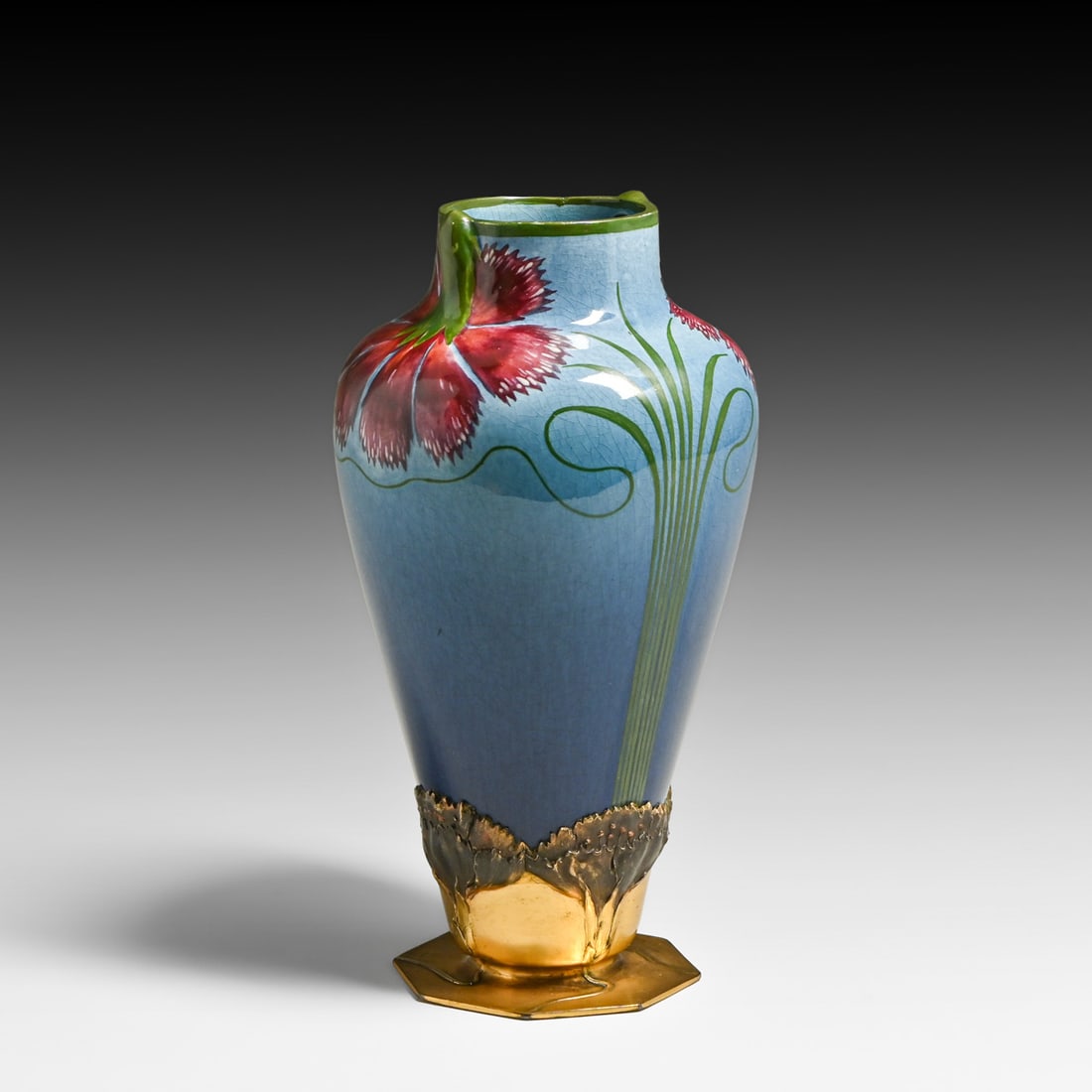 Zsolnay Porcelain & Orivit Gilt Bronze Art Nouveau Vase c1900: Zsolnay Porcelain & Orivit Gilt Bronze Art Nouveau Vase c1900. Signed Orivit. Perfect condition. 8.25"h x 4.75"d FREE NATIONWIDE SHIPPING Free Nationwide Shipping within the lower 48 states for all pu