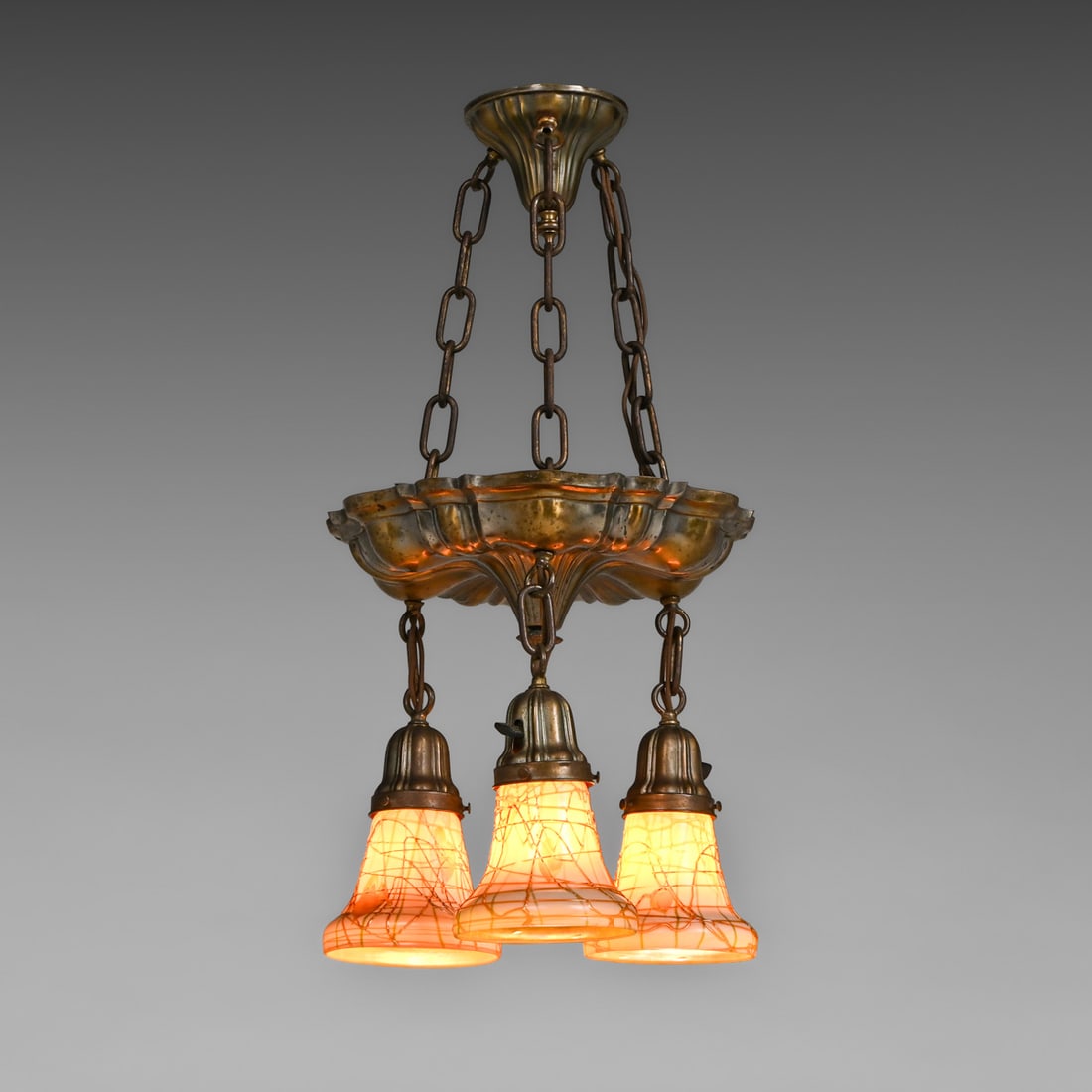 Arts & Crafts Period Durand Art Glass Chandelier c1910: Arts & Crafts Period Durand Art Glass Chandelier c1910. Unsigned. Excellent original patina. 27.5"h overall x 12"w FREE NATIONWIDE SHIPPING Free Nationwide Shipping within the lower 48 states for all
