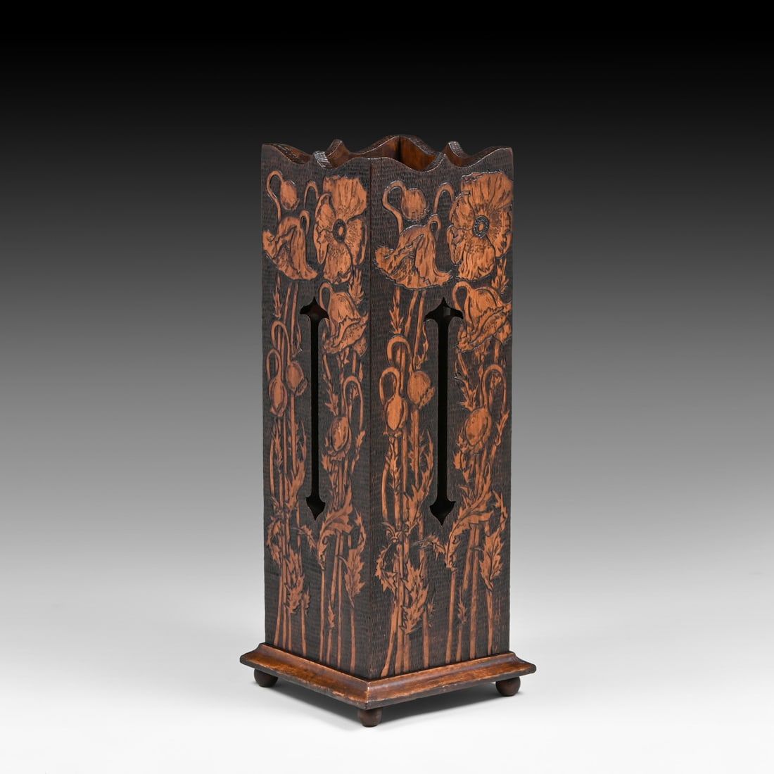 G.F. Madden Arts & Crafts Pyrography Umbrella Stand 1908: G.F. Madden Arts & Crafts Pyrography Umbrella Stand 1908. Signed. Excellent original finish. 27"h x 10.5" x 10.5" FREE NATIONWIDE SHIPPING Free Nationwide Shipping within the lower 48 states for all