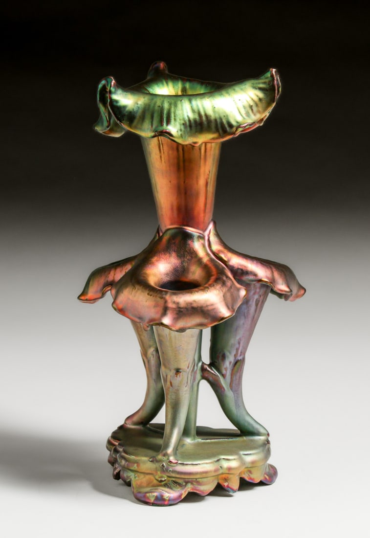 Jerome Massier (1850-1916) Iridescent Calla Lily Vase Late c1890s: Jerome Massier (1850-1916) Iridescent Calla Lily Vase Late c1890s. Brother of Clement Massier. Signed. Invisible professional restoration to a small base flakes, otherwise perfect condition. 13.5"h x