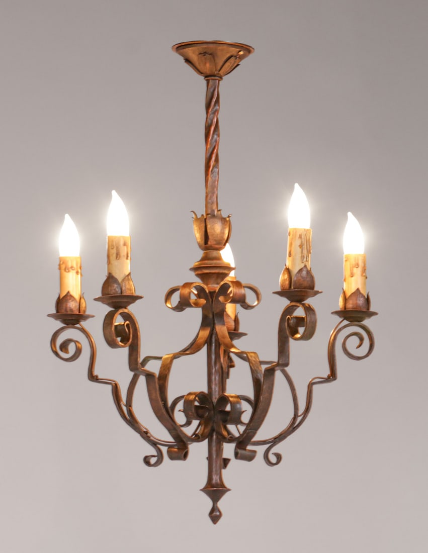 Dirk van Erp Spanish Revival Hammered Copper 5-Light Chandelier c1920s: Dirk van Erp Spanish Revival Hammered Copper 5-Light Chandelier c1920s. Provenance: Alma Spreckels Estate, Sold at La Salles Auction, San Francisco 1985, Collection of Roger & Jean Moss, Private Colle