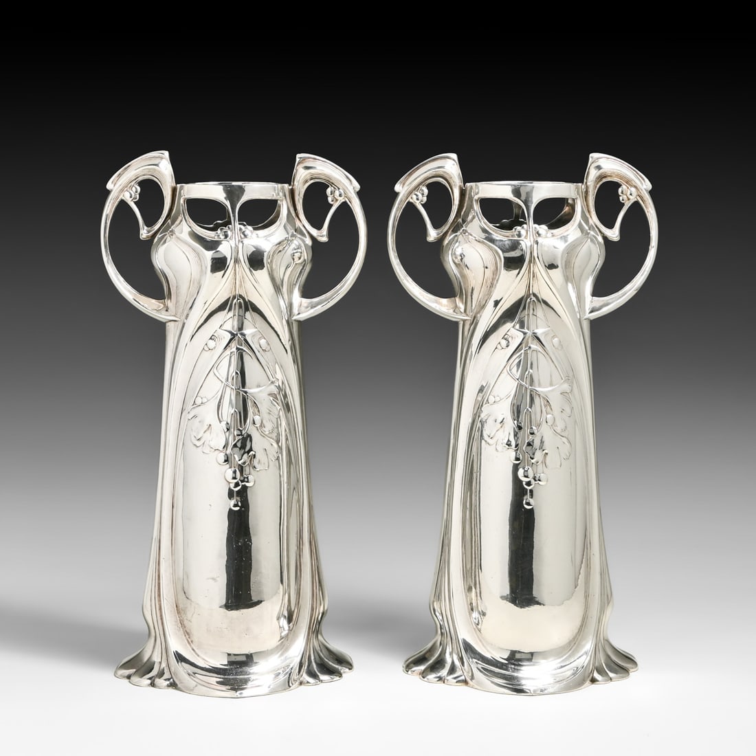 Pair WMF - German Art Nouveau Silver-Plated Vase c1905: Pair WMF - German Art Nouveau Silver-Plated Vase c1905. Unsigned. Excellent condition. 17"h x 7.75"w FREE NATIONWIDE SHIPPING Free Nationwide Shipping within the lower 48 states for all purchases at