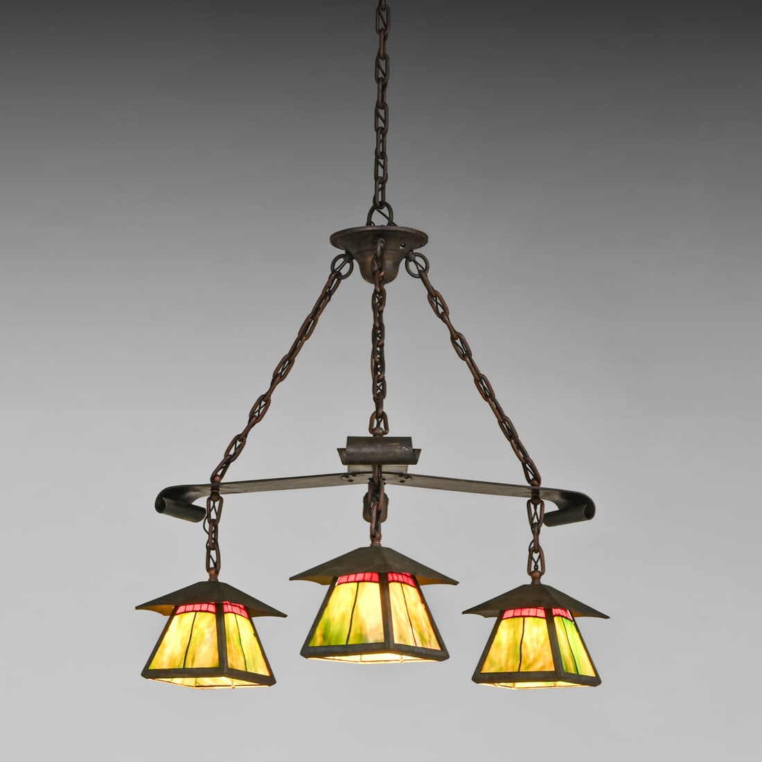 Arts & Crafts Period Copper, Brass & Leaded Glass Chandelier c1910: Arts & Crafts Period Copper, Brass & Leaded Glass Chandelier c1910. Unsigned. Excellent original patina. Original leaded glass in excellent condition. 27"h overall x 27" x 27" FREE NATIONWIDE SHIPPING