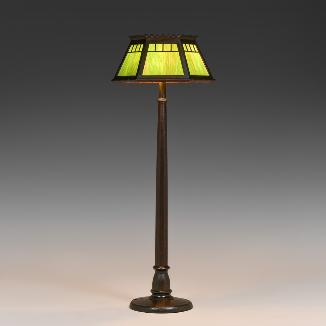 Arts & Crafts Period Oak & Slag Glass Floor Lamp c1910: Arts & Crafts Period Oak & Slag Glass Floor Lamp c1910. Signed "Charles E. Cino 89 Plymouth Ave, Buffalo, NY." Beautiful replaced green slag glass in perfect condition. Excellent original finish.