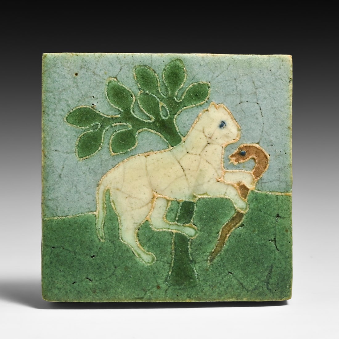 Grueby Faience Lamb & Snake Tile c1905: Grueby Faience Lamb & Snake Tile c1905. Signed only with artists initials. Perfect condition. 4" x 4" FREE NATIONWIDE SHIPPING Free Nationwide Shipping within the lower 48 states for all purchases at