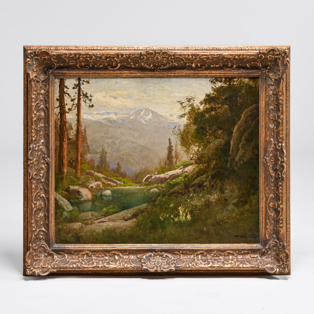 William Keith (1838-1911) California Sierras Painting "Distant Sierra Peak" c1890s: William Keith (1838-1911) California Sierras Painting "Distant Sierra Peak" c1890s. Signed. A couple of small rubs to frame, otherwise excellent condition. Maxwell Galleries, San Francisco Label.
