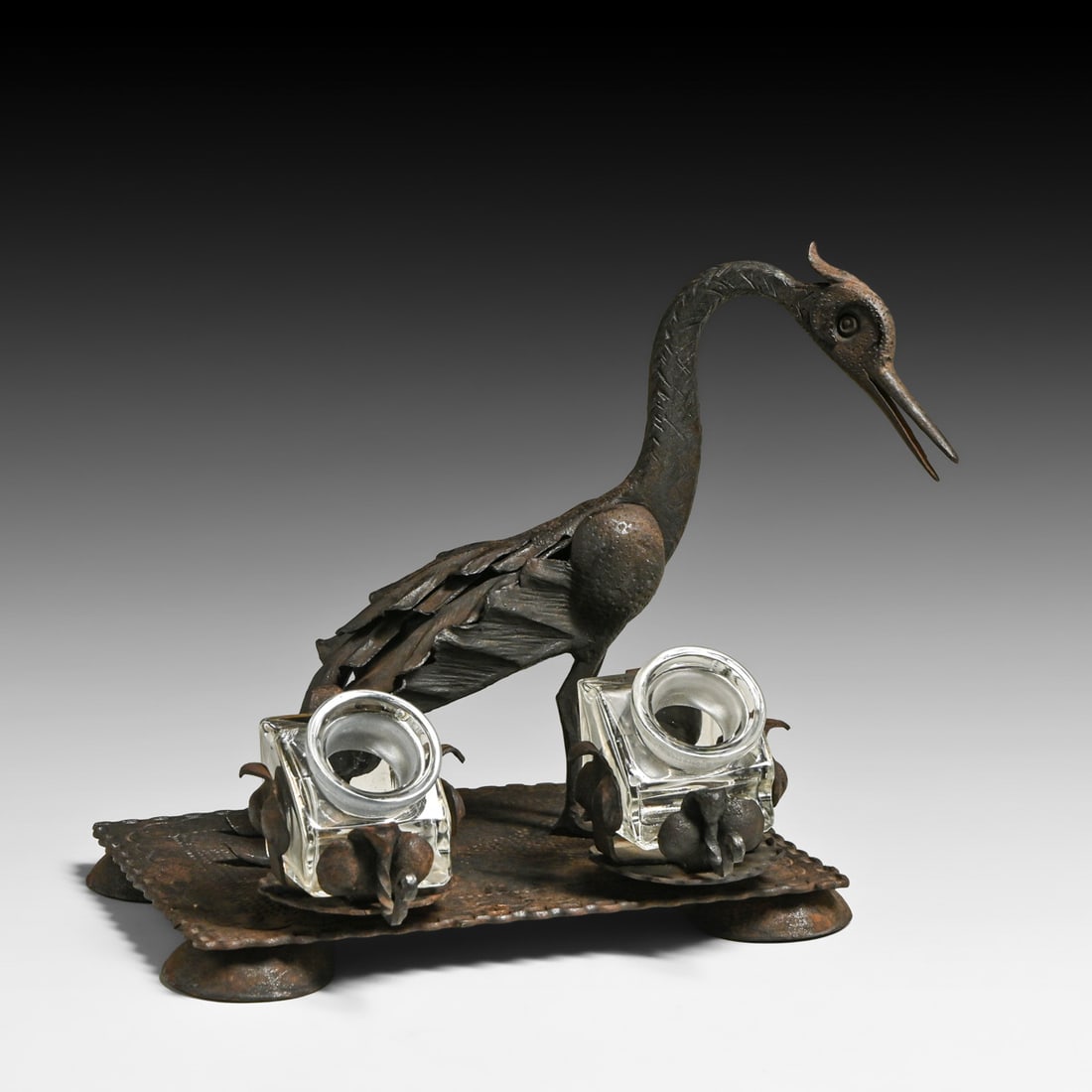 German Secessionist - Jugendstil Wrought-Iron Crane Inkwell Desk Piece c1900s: German Secessionist - Jugendstil Wrought-Iron Crane Inkwell Desk Piece c1900s. Unsigned. Excellent original patina. 7"h x 7.25"w x 6.25"d FREE NATIONWIDE SHIPPING Free Nationwide Shipping within the