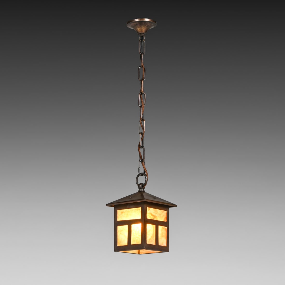 Arts & Crafts Period Brass & Slag Glass Hanging Light c1910: Arts & Crafts Period Brass & Slag Glass Hanging Light c1910. Unsigned. Excellent new patina. Original slag glass panels in perfect condition. 31"h overall x 6.6" x 6.5" FREE NATIONWIDE SHIPPING Free