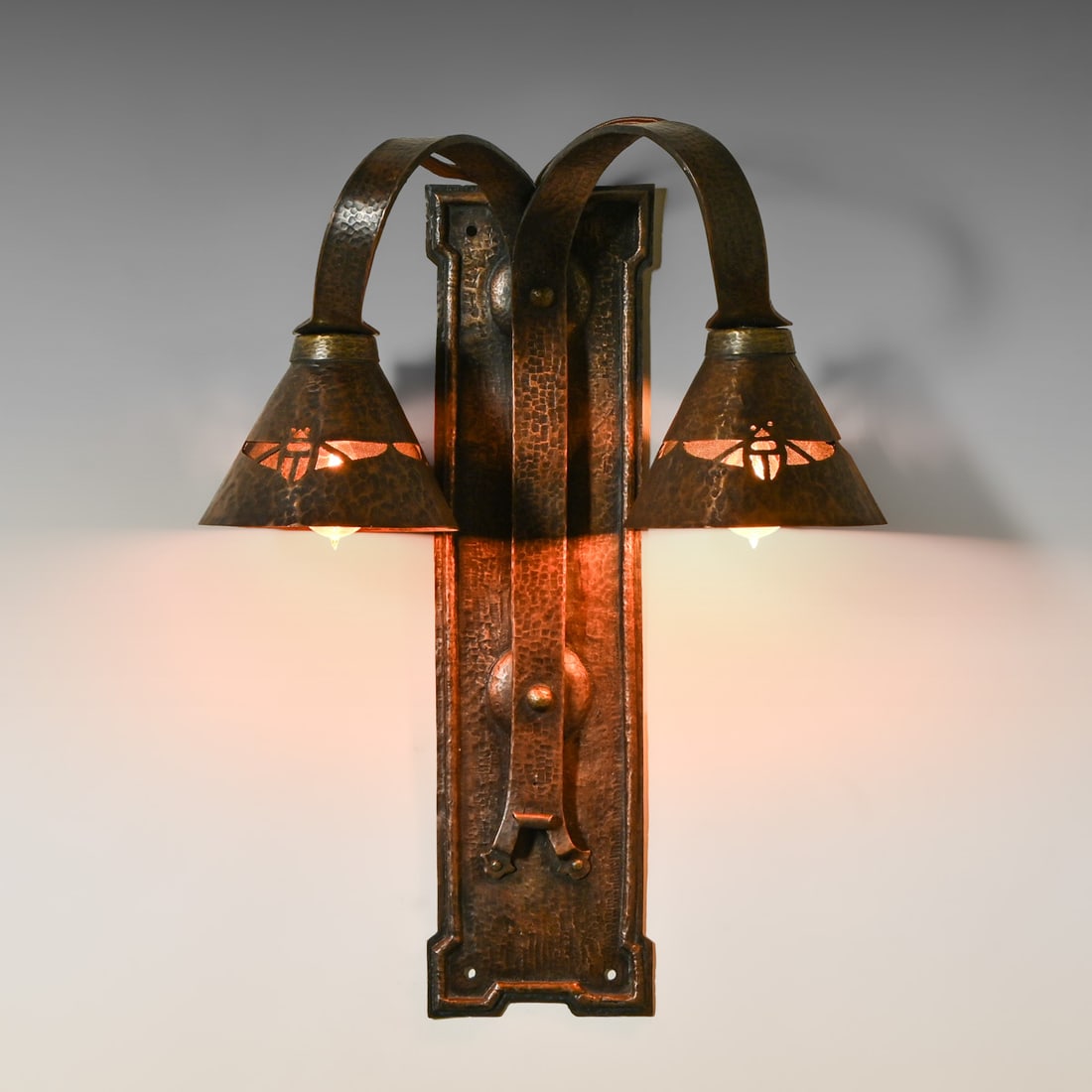 Harry Dixon - Lillian Palmer Hammered Copper Double "Scarab" Sconce c1914: Harry Dixon - Lillian Palmer Hammered Copper Double "Scarab" Sconce c1914. The Palmer Copper Shop material is strictly based on attributions derived from period photos and material from homes in the