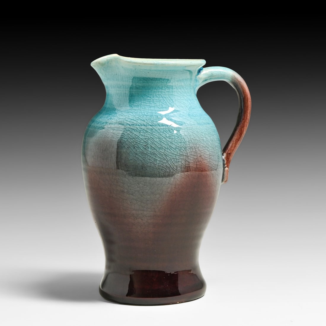Pisgah Forest Turquoise & Aubergine Crackle Glaze Pitcher 1949: Pisgah Forest Turquoise & Aubergine Crackle Glaze Pitcher 1949. Signed. Perfect condition. 8.25"h x 6.5"d FREE NATIONWIDE SHIPPING Free Nationwide Shipping within the lower 48 states for all purchases