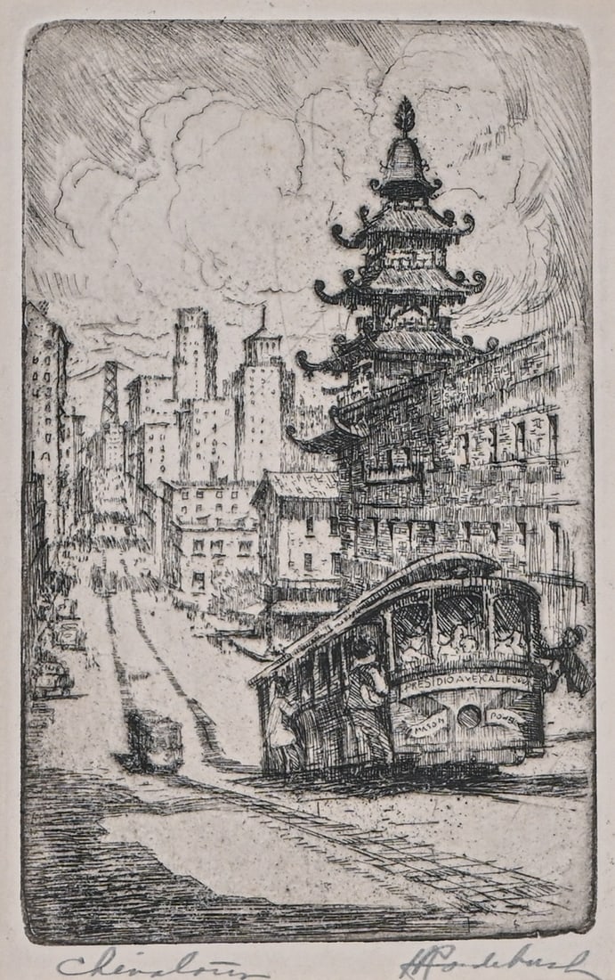 Harriet Gene Roudebush (1908–1998) Etching "Chinatown" San Francisco c1930s: Harriet Gene Roudebush (1908–1998) Etching "Chinatown" San Francisco c1930s. Signed. Excellent condition. Image 8"h x 5.5"w. Matting 13.25"h x 10"w FREE NATIONWIDE SHIPPING Free Nationwide Shipping 