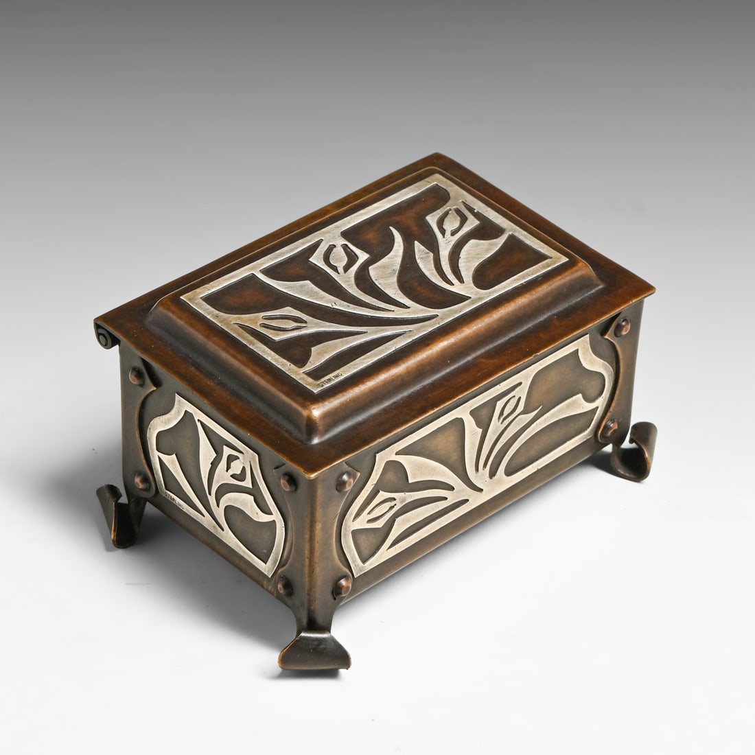 Early Heintz Sterling on Bronze Stamp Box c1910: Early Heintz Sterling on Bronze Stamp Box c1910. Marked only with impressed "Sterling". Excellent new patina. 5"h x 6"w. This is lot is just for the Early Heintz Stamp Box. FREE NATIONWIDE SHIPPING Fr