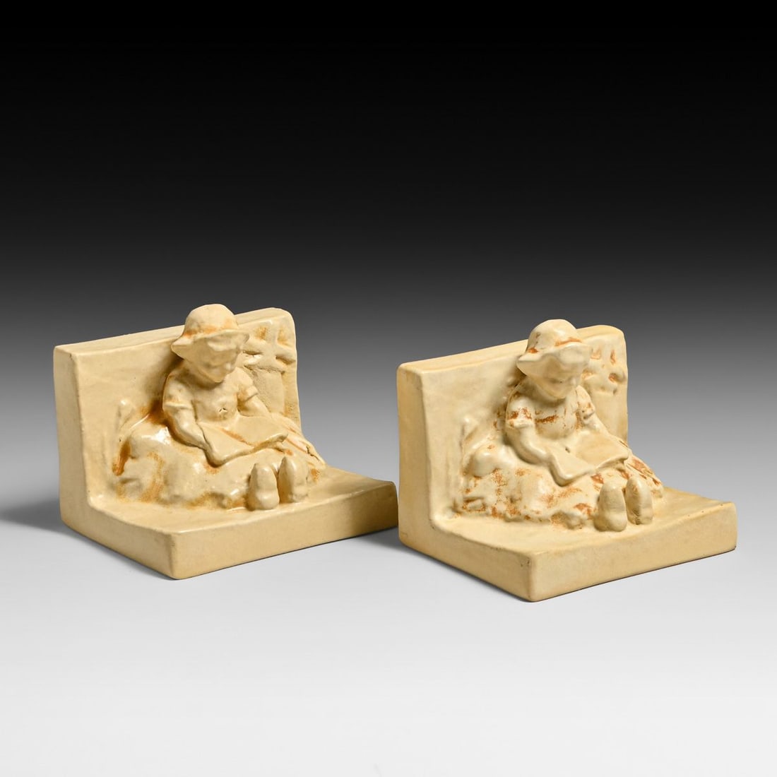 Teco Pottery Pair Children Reading Figural Bookends c1910 - 3