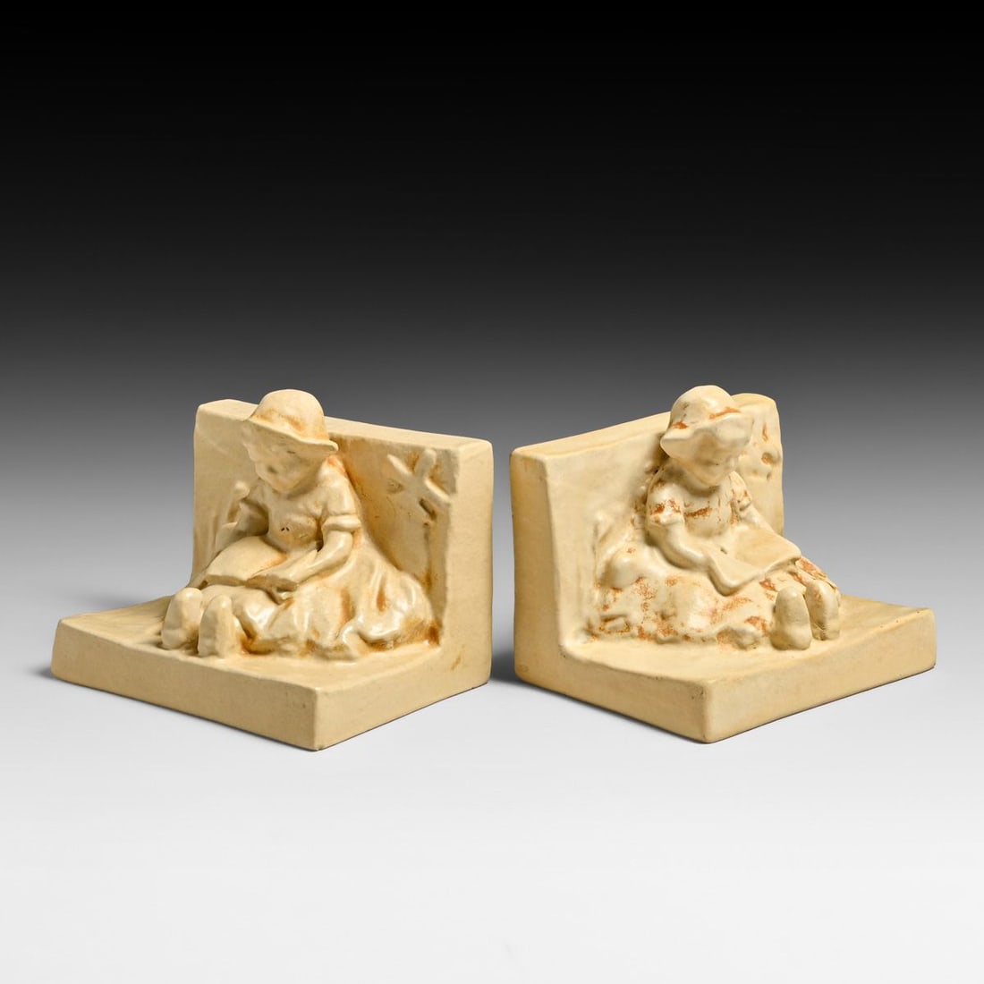 Teco Pottery Pair Children Reading Figural Bookends c1910 - 4