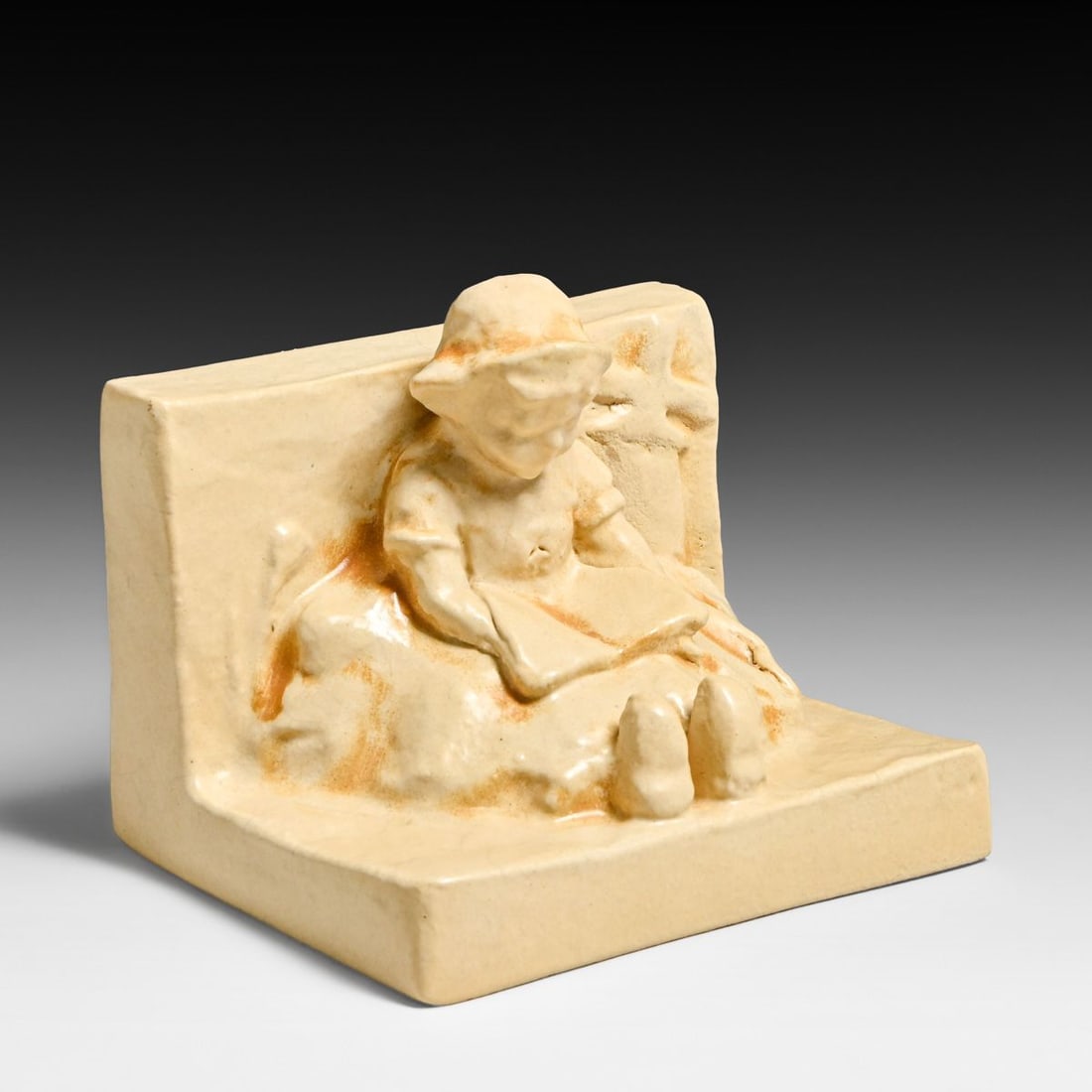 Teco Pottery Pair Children Reading Figural Bookends c1910 - 5