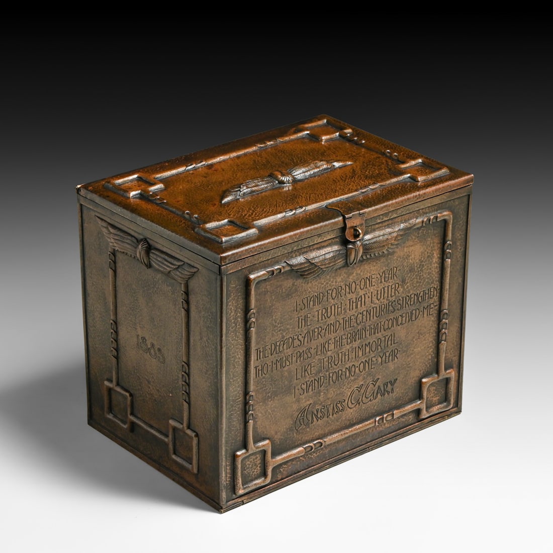 Anstiss Curtiss Gary (Born 1860) Hammered Copper Egyptian Motif Perpetual Calendar Desk Cabinet: Anstiss Curtiss Gary (Born 1860) Hammered Copper Egyptian Motif Perpetual Calendar Desk Cabinet c1900s. Signed. Outstanding, untouched original patina. Gary lived and worked in Chicago, where she was