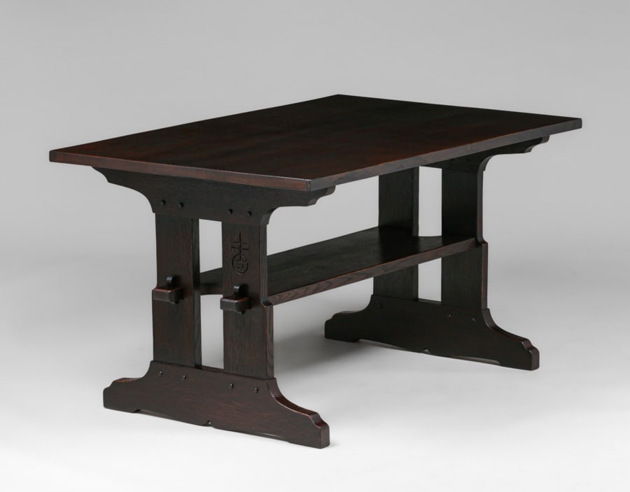 Extremely Rare Roycroft Oak Trestle Table c1904: Extremely Rare Roycroft Oak Trestle Table c1904. Originally made for the Ruskin Room of The Roycroft Inn. Only three known examples. Signed on both sides. Color added to original finish. 54"w x 35"d x