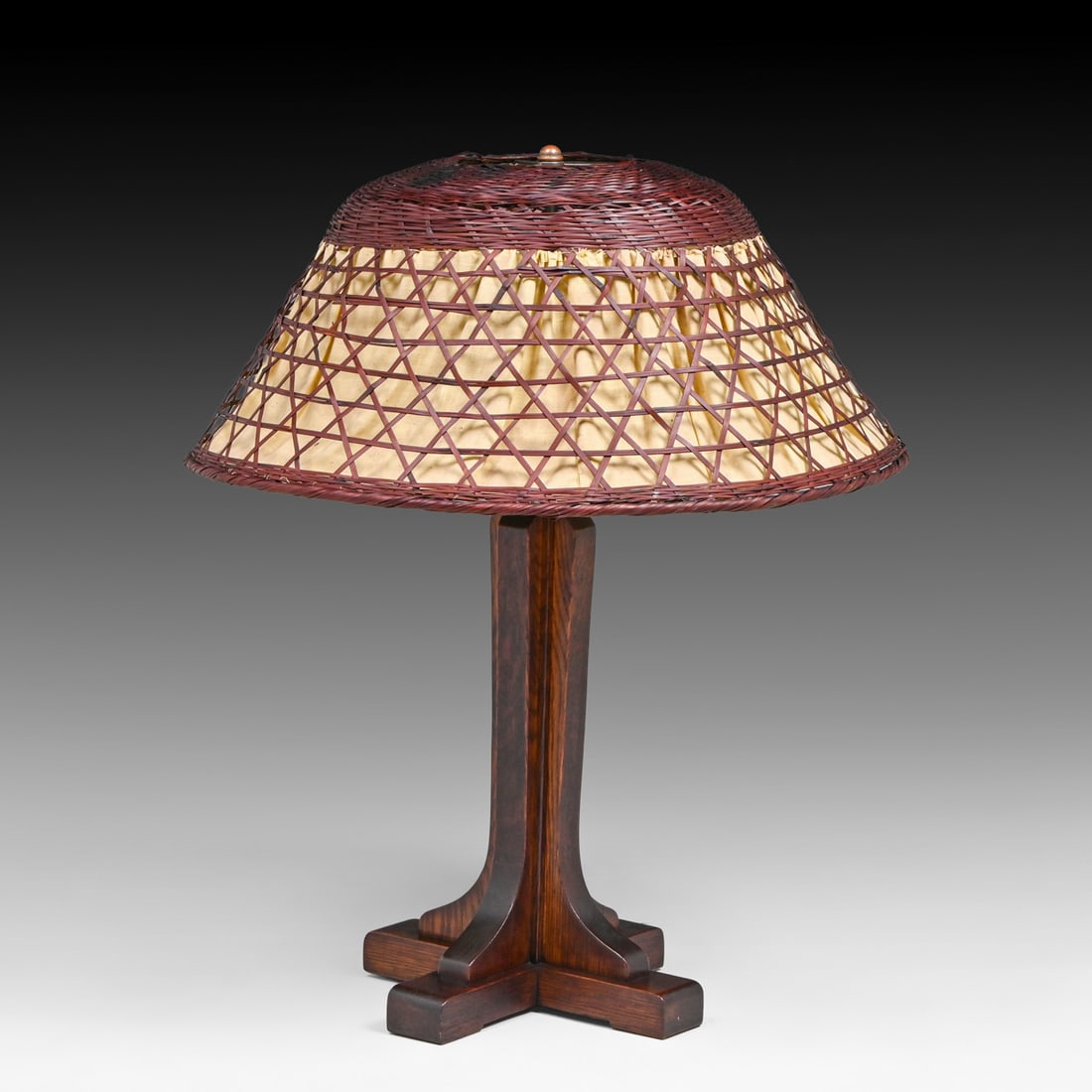 Gustav Stickley #504 Oak & Japanese Wicker Lamp c1912: Gustav Stickley #504 Oak & Japanese Wicker Lamp c1912. Signed with branded mark. Excellent original finish. 27.5"h x 23"d FREE NATIONWIDE SHIPPING Free Nationwide Shipping within the lower 48 states