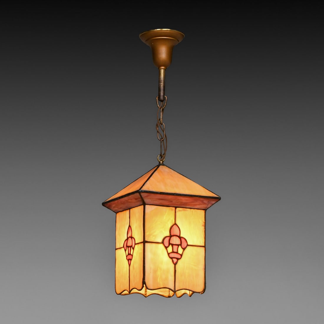 Arts & Crafts Period Leaded Glass Hanging Light c1910: Arts & Crafts Period Leaded Glass Hanging Light c1910. Unsigned. Excellent original patina. Original leaded glass in excellent condition. 29"h overall x 10" x 10" FREE NATIONWIDE SHIPPING Free