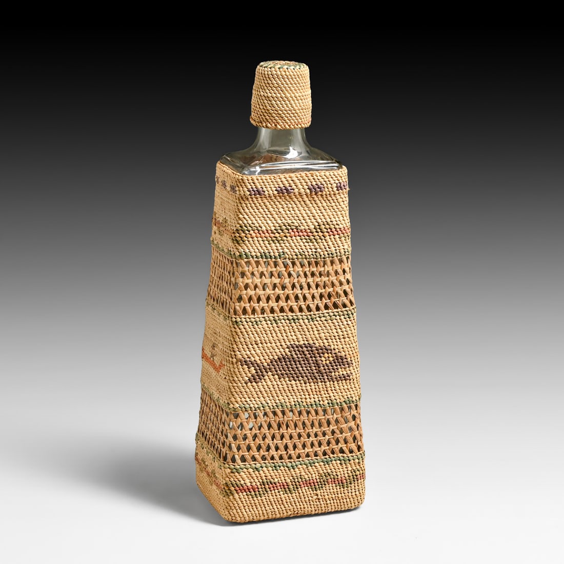 Pacific Northwest Makah / Nootka Hand-Woven Whaling Scene Tapered Bottle Basket & Original Lid (1 of 6)