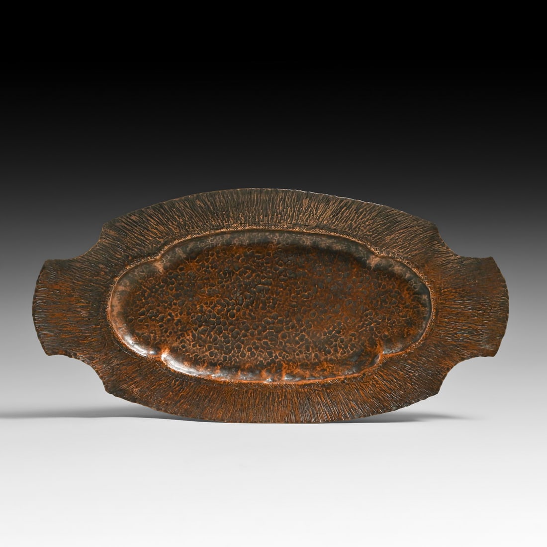Arts & Crafts Period Radial Hammered Copper Tray c1910: Arts & Crafts Period Radial Hammered Copper Tray c1910. Unsigned. Excellent new patina. 14.5"w x 7.25" FREE NATIONWIDE SHIPPING Free Nationwide Shipping within the lower 48 states for all purchases at