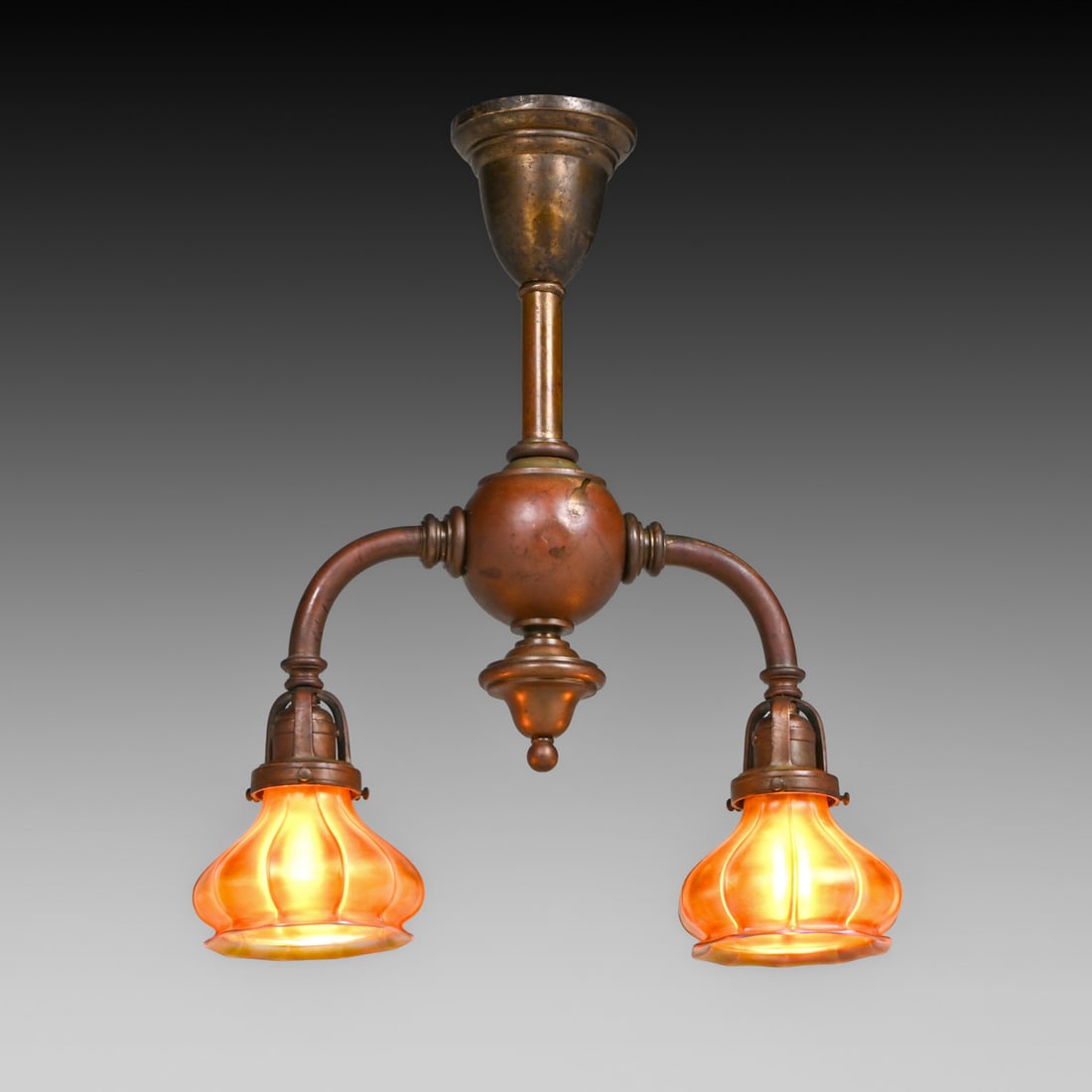 Arts & Crafts Period Brass & Quezall Art Glass Hanging Double Light c1910: Arts & Crafts Period Brass & Quezall Art Glass Hanging Double Light c1910. Quezall shades signed and in perfect condition. Brass chandelier has an excellent original patina. 20.5"h x 16"w x 4.75"