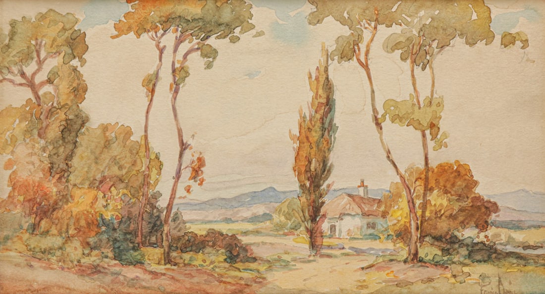 Francis Davis Schwartz (1879-1969) Eucalyptus Trees Watercolor c1920: Francis Davis Schwartz (1879-1969) Eucalyptus Trees Watercolor c1920. Signed. Some fading, otherwise excellent condition. Tim Holton Custom Oak Frame. UV filtered museum glass. 10"h x 18"w. Frame