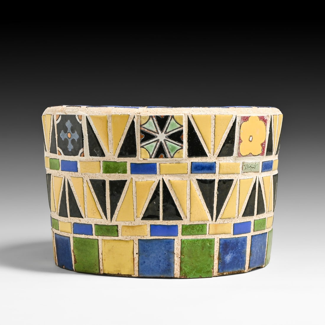 Malibu Tile Cement Jardiniere c1930: Malibu Tile Cement Jardiniere c1930. Unsigned. A few minor nicks, otherwise perfect condition. Provenance: The Carole Coates Collection. 11"d x 7"h FREE NATIONWIDE SHIPPING Free Nationwide Shipping