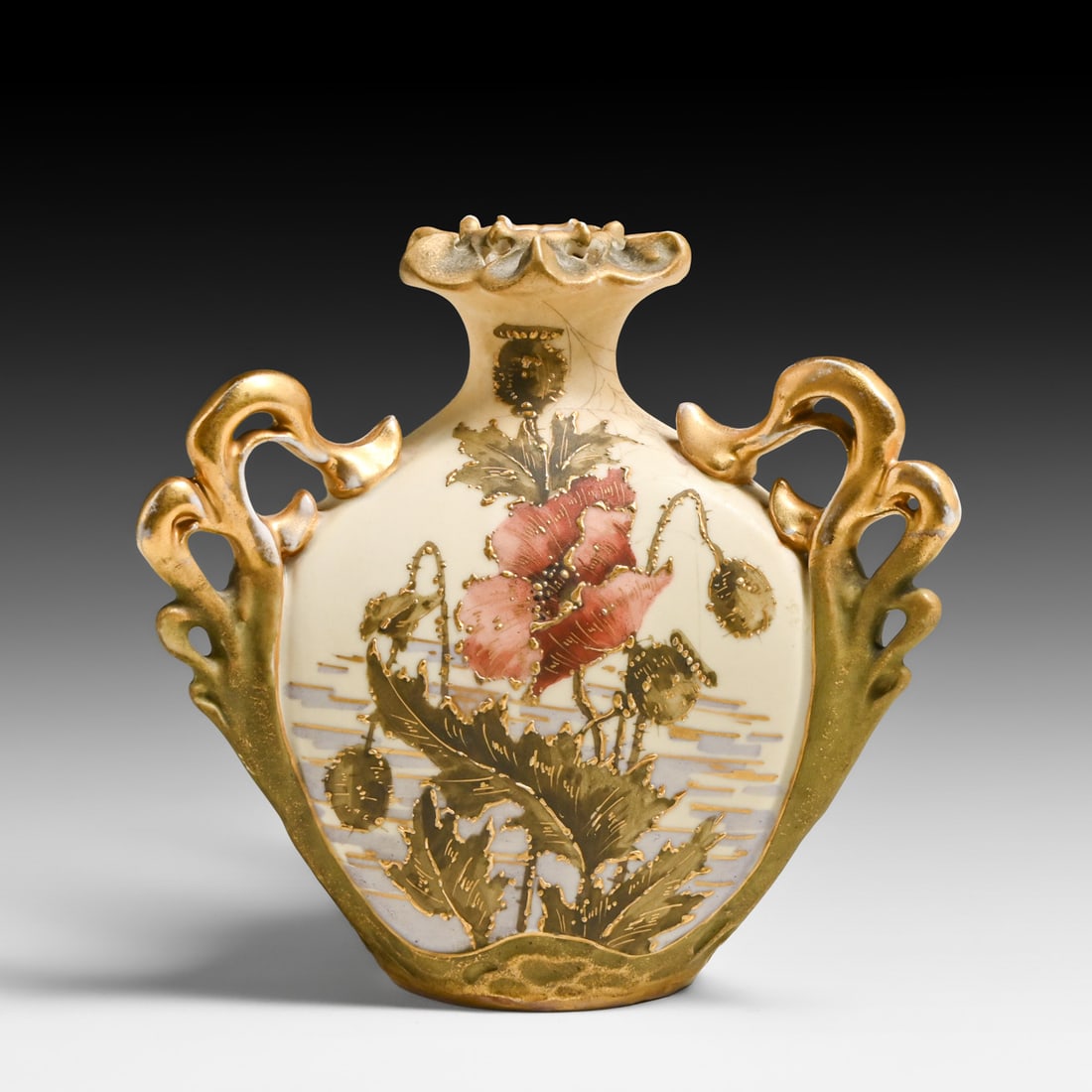 Rare Ott & Brewer - Trenton, NJ American Belleek Three-Handled Porcelain Poppies Vase c1880s: Rare Ott & Brewer - Trenton, NJ American Belleek Three-Handled Porcelain Poppies Vase c1880s. Signed. Slight wear to gilt, otherwise perfect condition. 6"h x 6"w FREE NATIONWIDE SHIPPING Free Nationwi